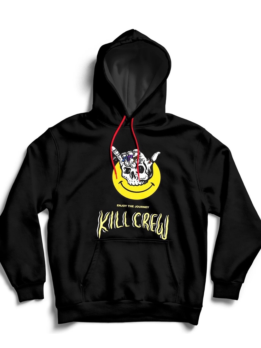 Kill Crew Black Hoodie with Yellow Skull Graphic and Red Drawcords